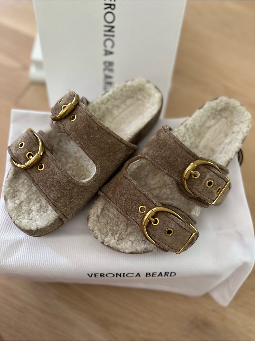 Veronica Beard Taupe Suede Shearling Slide Sandals with Gold Buckles